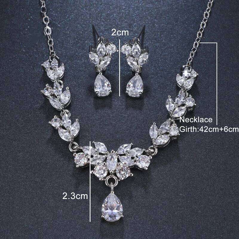Ekopdee Luxury Brilliant Leaf Jewelry Set For Women Zircon Silver Color Wedding Bridal Necklace Earrings 2021 New Parure Bijoux Z260313