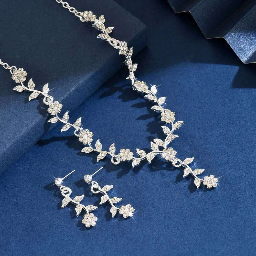 Crystal Vine Necklace & Earring Set Women V-Neck Leaf Pendant Jewelry for Party Evening Statement Z260313