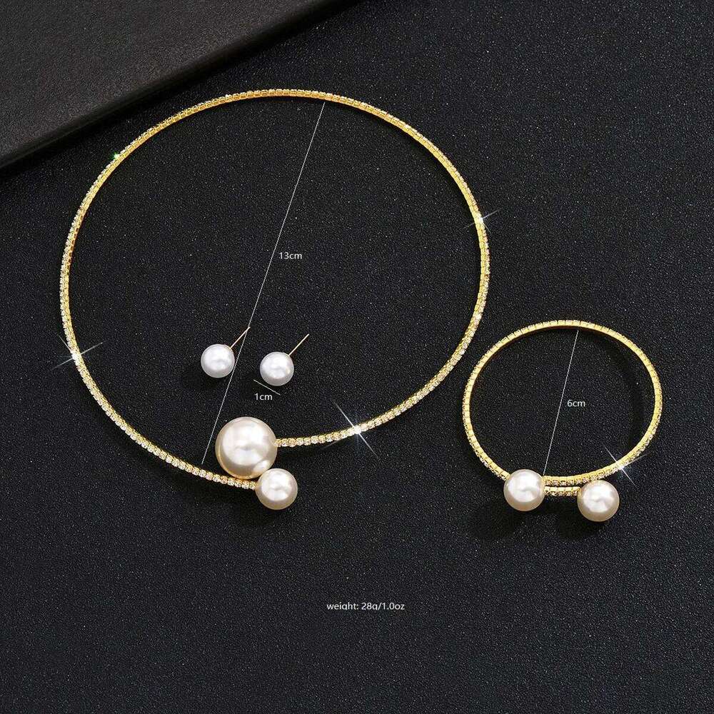 TREAZY Fashionable Classic Wedding Party for Women Pearl Rhinestones Choker Necklace Earrings Bracelet Jewelry Sets Z260313