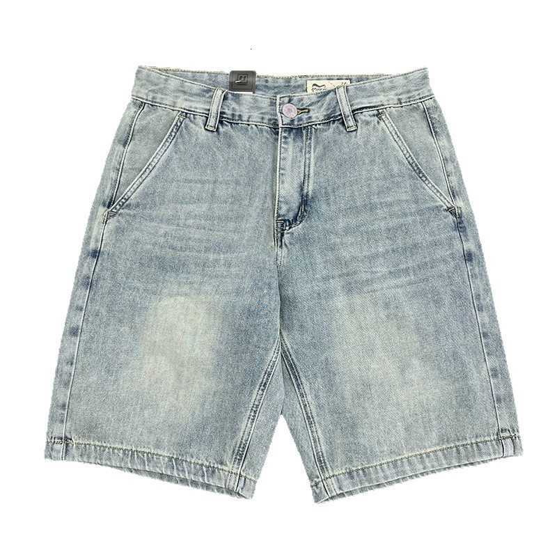 Summer American high-end men's denim shorts, Japanese retro thin casual distressed loose straight-leg five-pockets men's shorts X250403