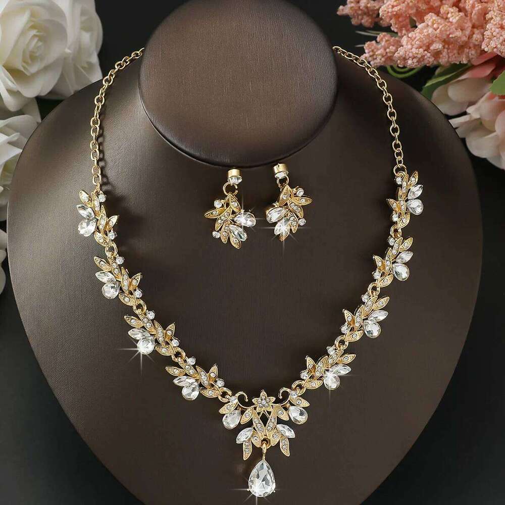 Emerald Green Crystal Jewelry Set Bridal Necklace Earrings 2Pcs Gold Plated Leaf Water Drop Pendant for Wedding Party Evening Dr Z260313