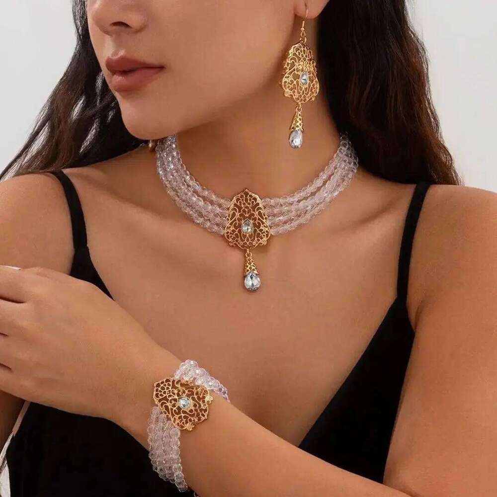 KunJoe 3Pcs Luxury Sparkling Crystal Choker Neckalce Drop Earrings Women Jewelry Set Bridal Neck Chain Bracelet Wedding Ornament Z260313