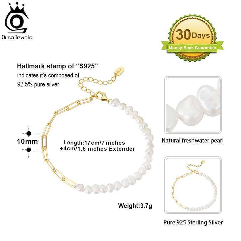 ORSA JEWELS 925 Sterling Silver Vintage Chunky Paper Clip Link Chain Bracelet with Pearl for Women Girls Fashion Jewelry GPB01 Z260313