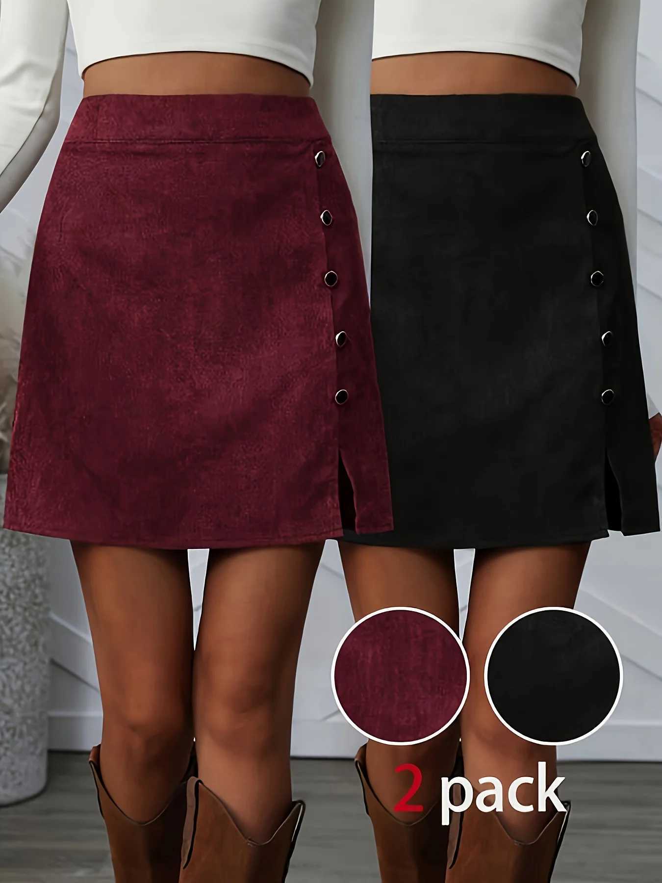 Womens solid color corduroy button decoration A-line skirt side slit half skirt two-piece set suitable for spring and autumn se M260314
