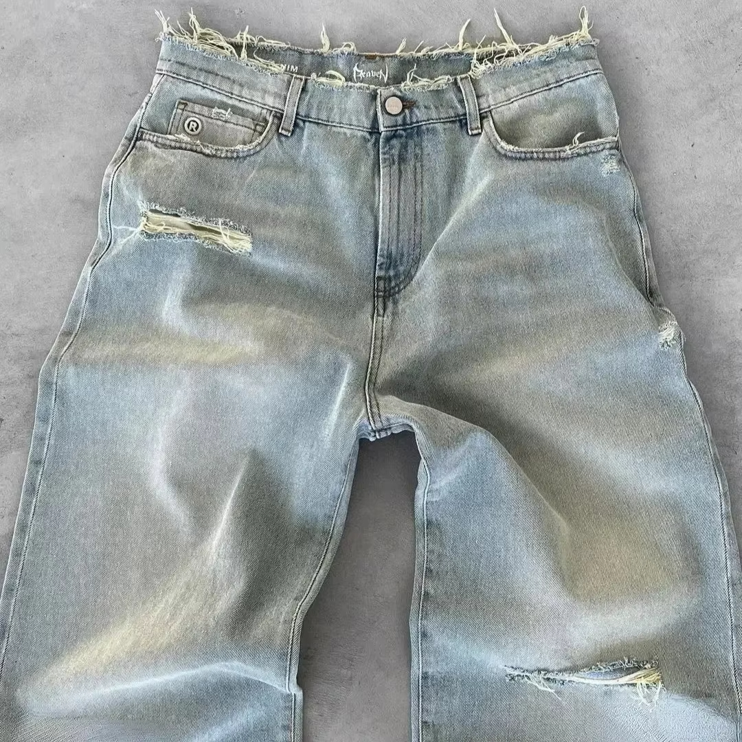 Straight Jeans Distressed Men Jean Ripped Holes Washed Denim Pants Ankle Length Loose Solid Zipper Fly Pockets Casual