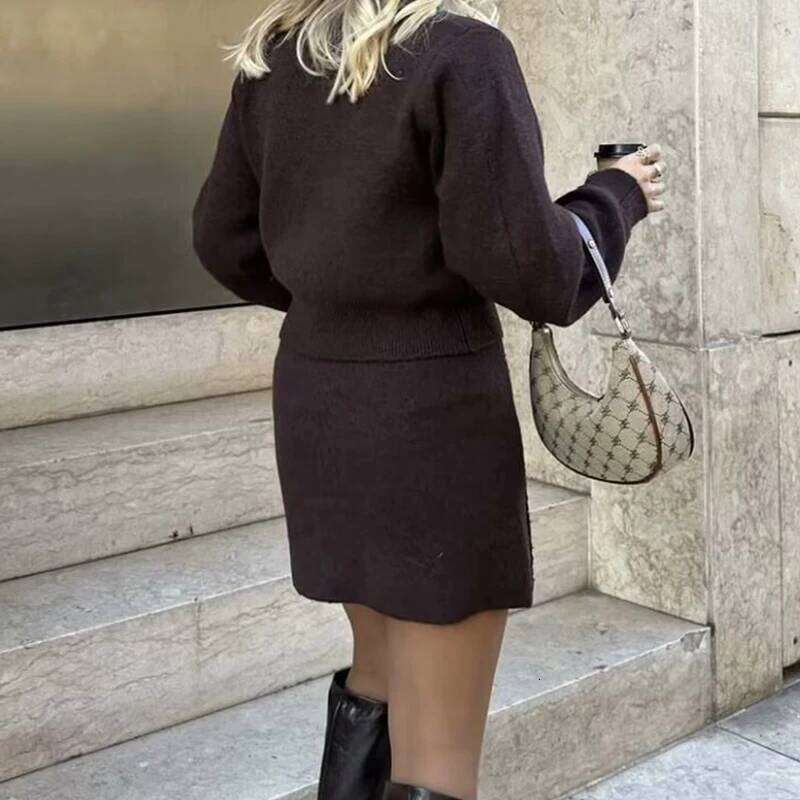 YENKYE 2025 Women Brown Side Seams Knit Mini Skirt Vintage High Waist A-line Elegant Skirts faldas mujer Z260314