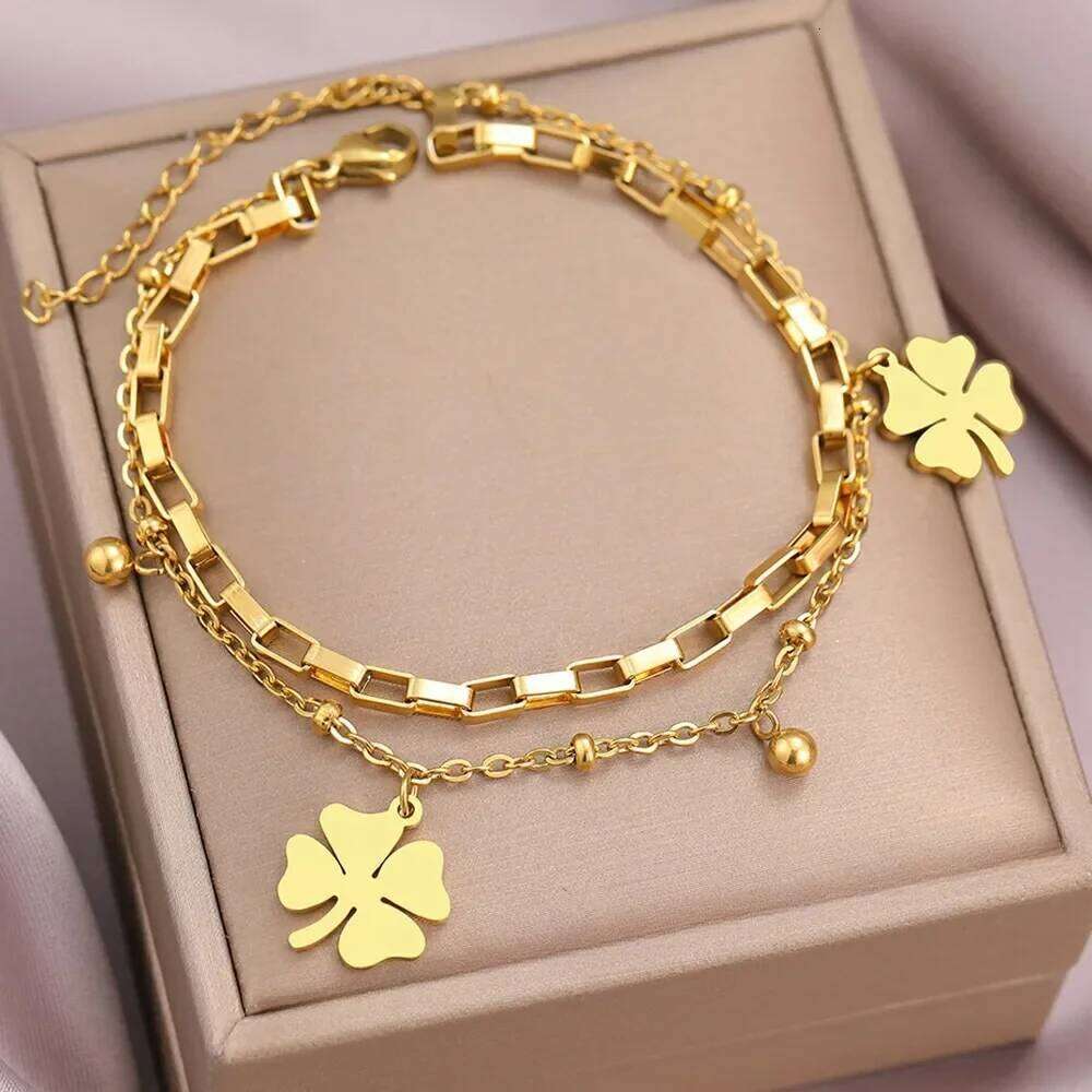 Charm Four Leaf Lucky Flower Double Layer Bracelet for Women Luxury Gold Color Stainless Steel Bangle Jewelry Gift Colorfast Z260313