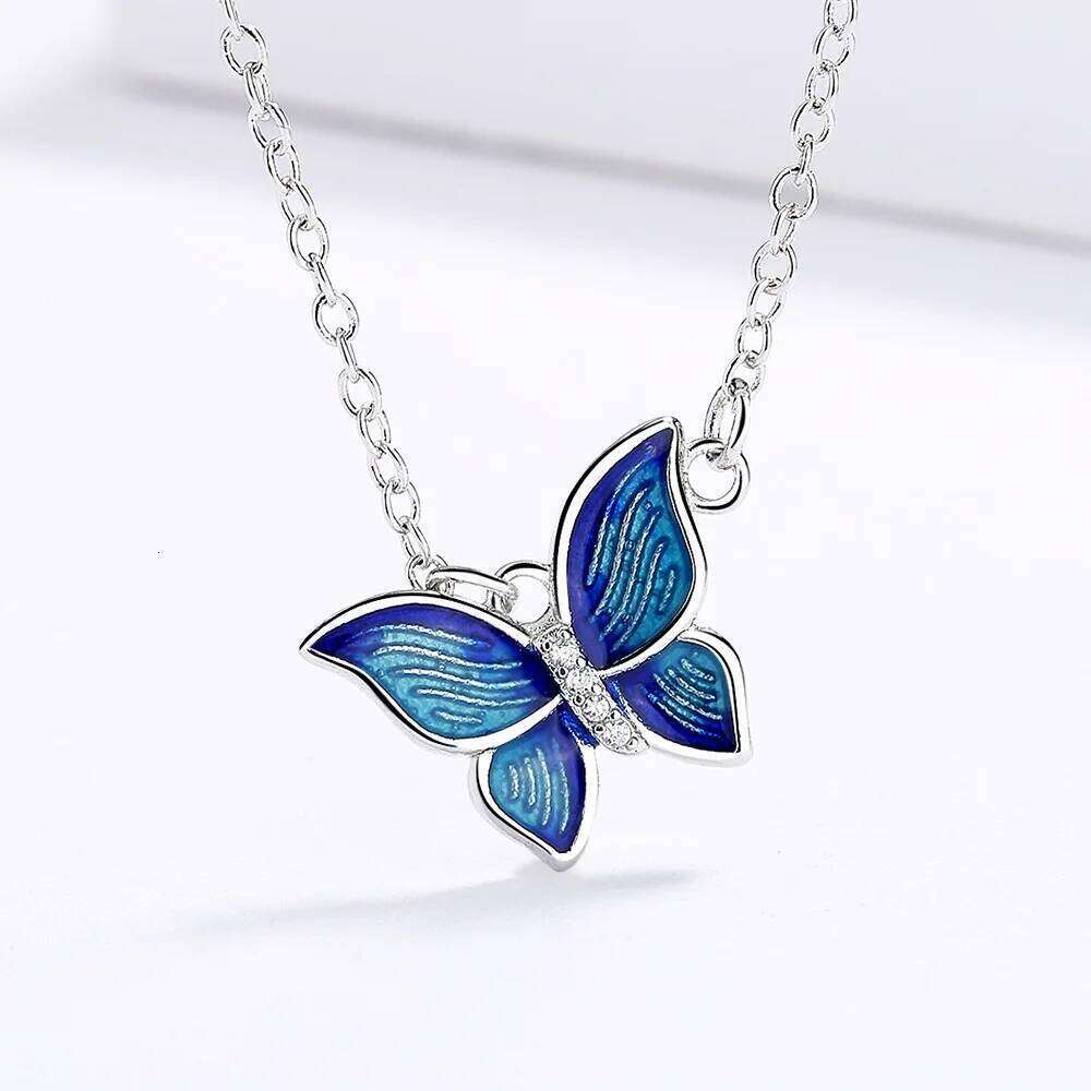 925 Sterling Silver Creative Micro-Enamel Blue Butterfly Wings Necklace Three-piece Jewelry Women's Suit Party Birthday Gift Z260313