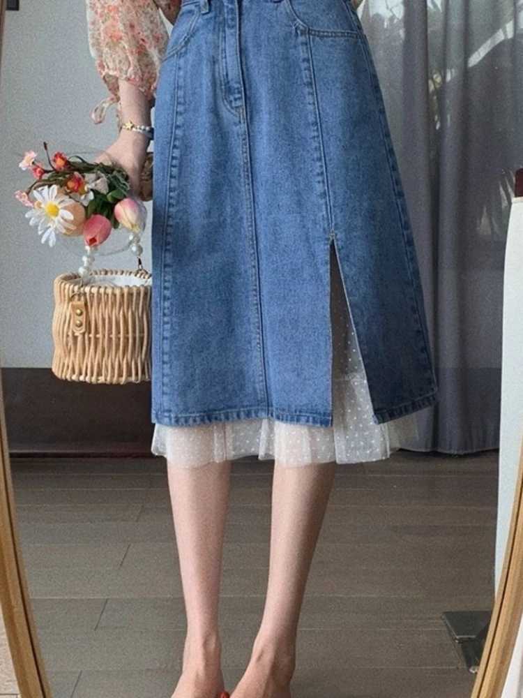 French Chic Vintage A-Line Denim Skirt Women Slim High Waist Side Split Lace Detail Casual Mid-Length Skirt Korean Fashion Skirt M260314