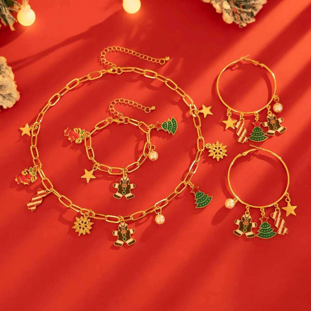 KunJoe Trendy Christmas Tree Snowflake Pendant Necklace Bracelet Hoop Earring Women New Year Jewelry Set Gift Clavicle Chain Z260313