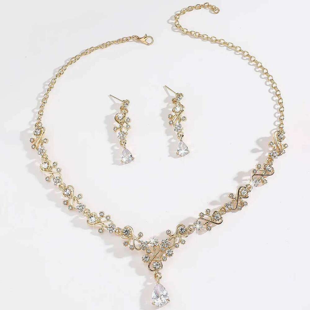 Gold Plated Crystal Jewelry for Women - Bridal Party Necklace Earrings Set with Teardrop Pendant Z260313