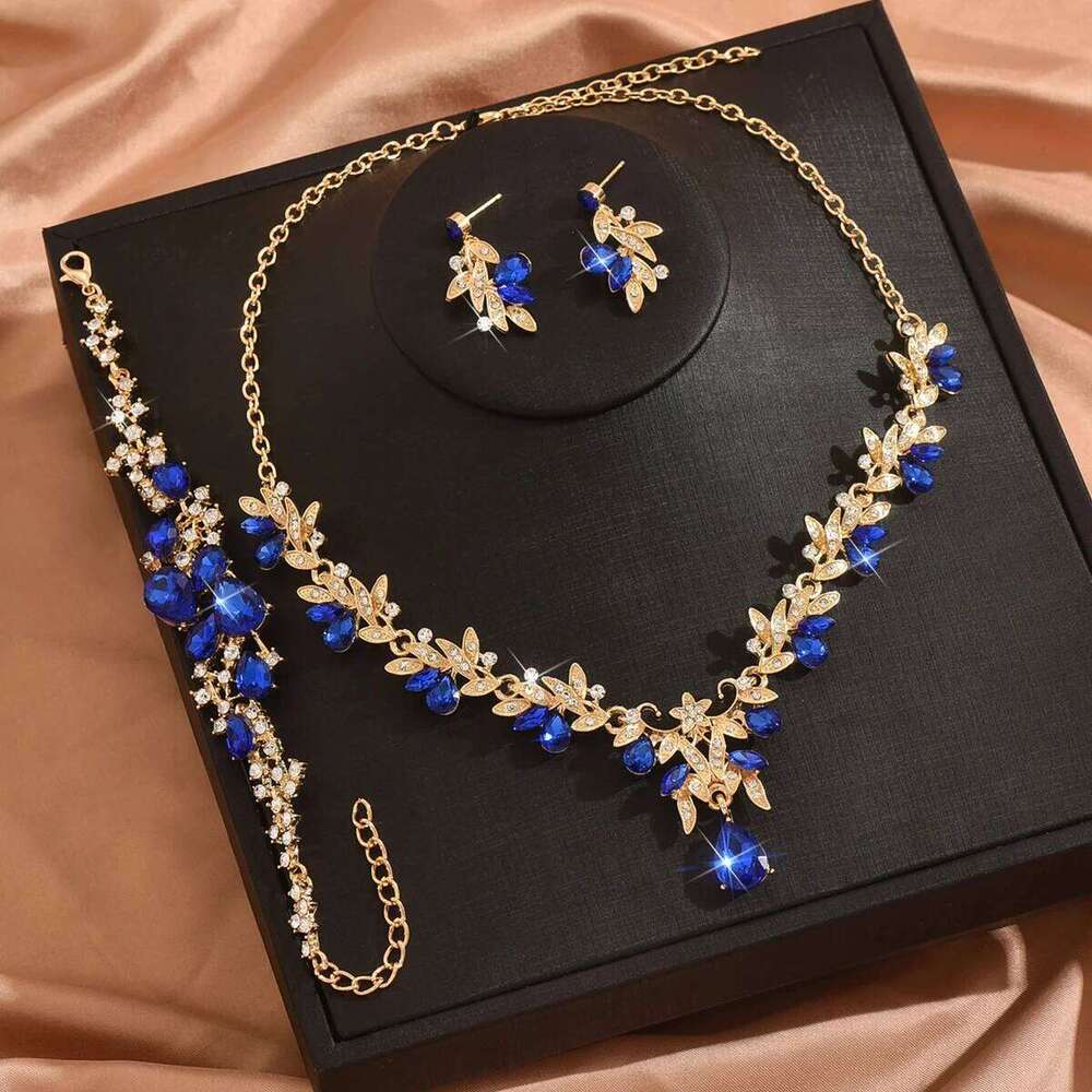 FYUAN Green Blue Flower Crystal Necklace Earrings Bracelet For Women Wedding Bride Jewelry Sets Z260313