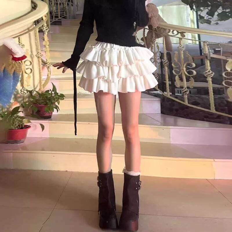 Kawaii Lolita Mini Women Elastic Japanese Korea Sweet Casual Female Ruffle Soft Plush Warm Cake Skirt Autumn Winter Z260314