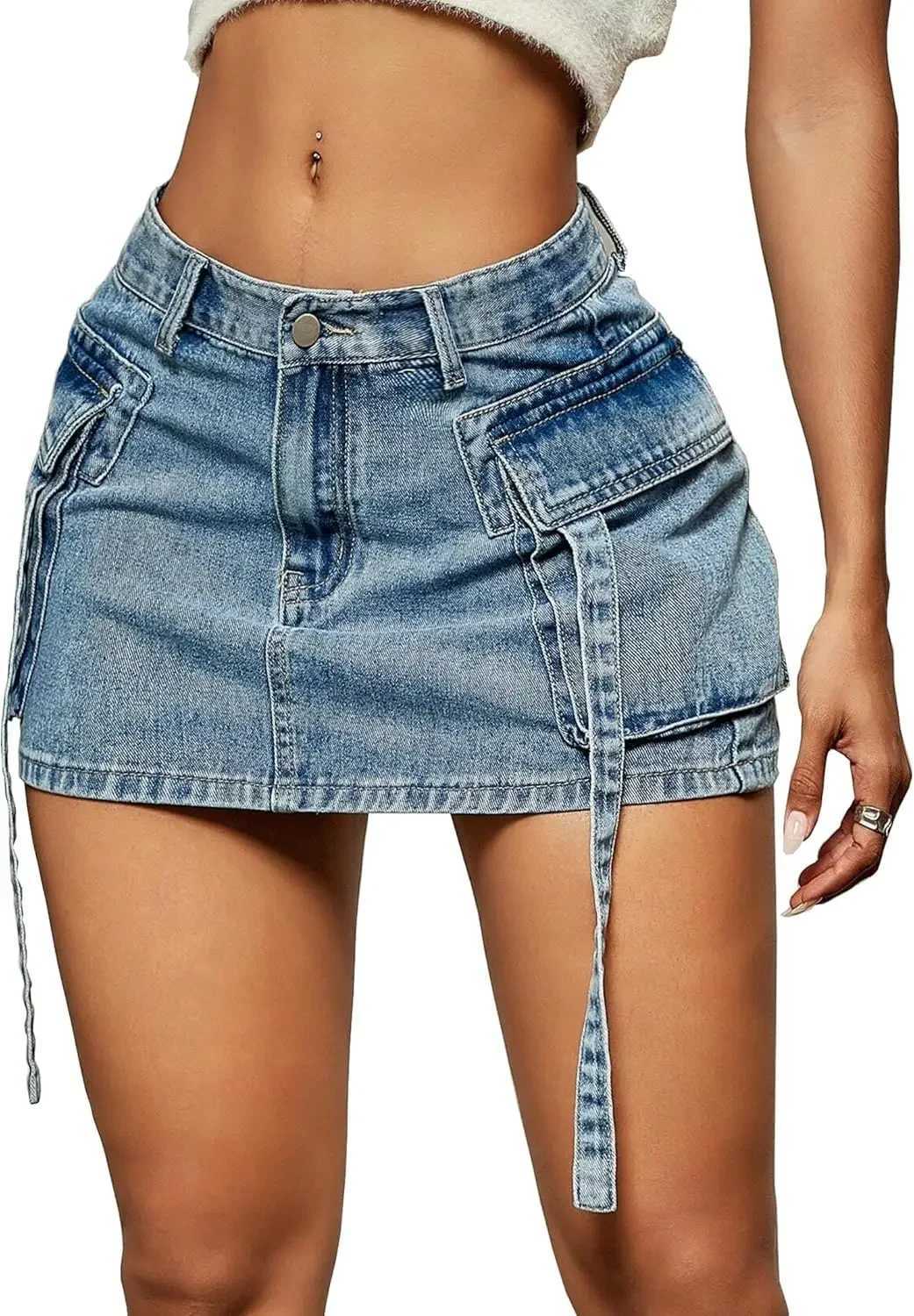 New Cargo Skirt Women Y2k Button Mini Jeans Skirt Denim Skirt with Pocket Low Waist M260314