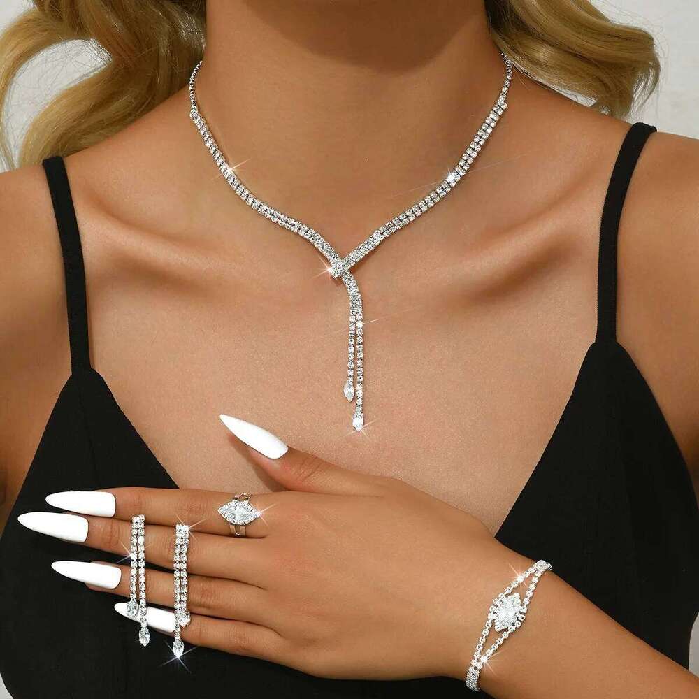 Y-Shape Crystal Jewelry Set 5Pcs Necklace+Bracelet+Earrings+Ring Shiny Silver-Plated for Women Party Wedding Evening Accessori Z260313