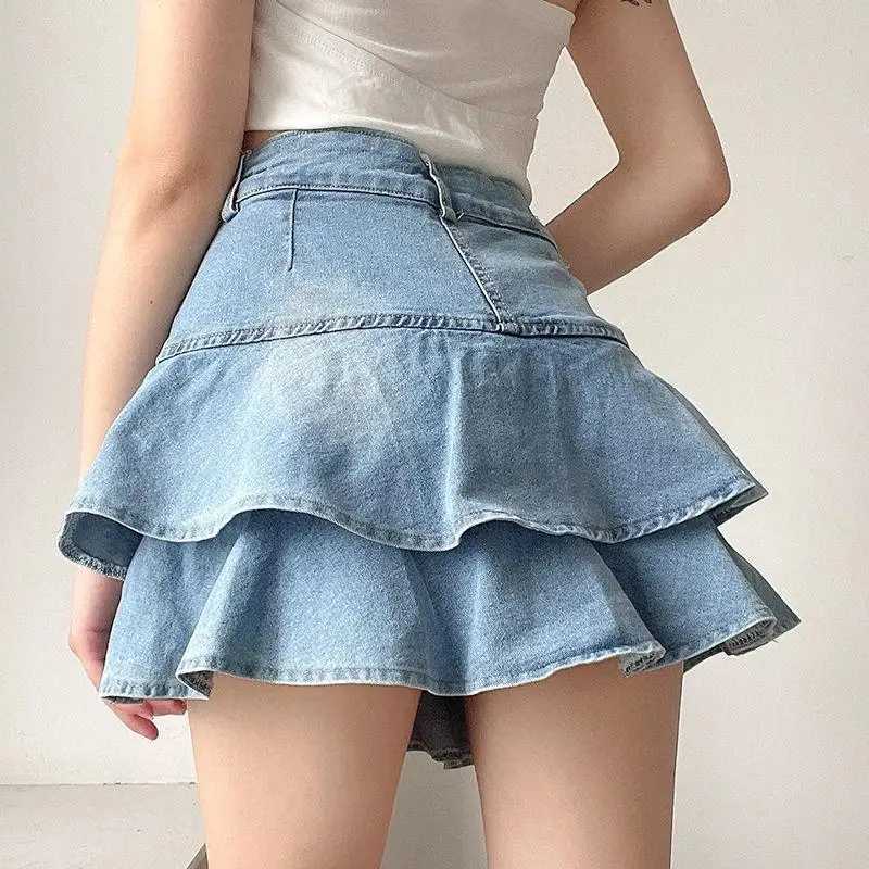 Y2K Vintage Denim Skirt Women Summer Fashion High Waist A-Line Wash Blue Slim Sexy Hot Mini Jeans Ruffle Short Skirt Female M260314