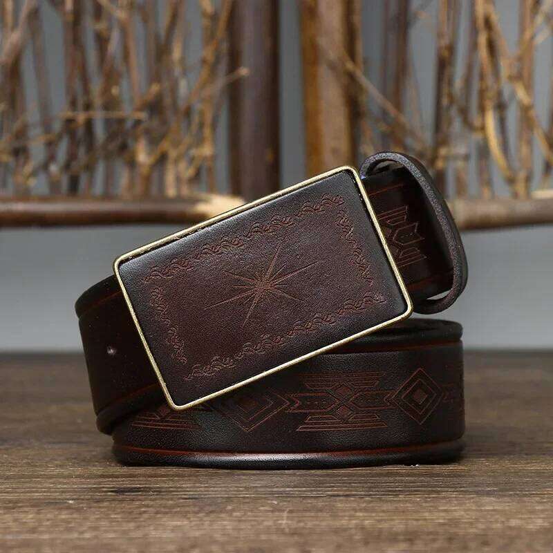 Men Retro Handmade Genuine Leather Fashionable Vintage Carving Pattern Smooth Buckle Belts Male Jeans Waistband Belt Z260226