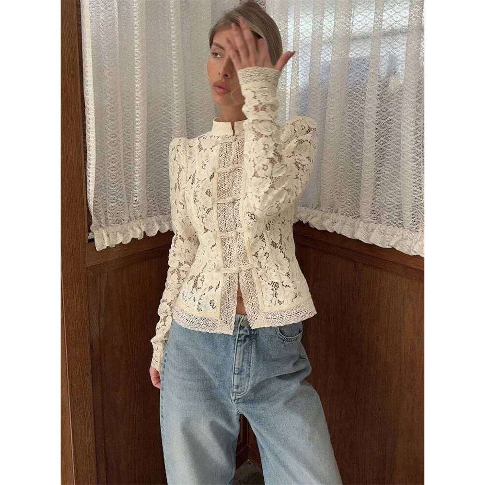 Women White Lace Print Full Sleeve Hollow Out Single Breasted Patchwork Fashion Elegant Casual Shrug Blouse Tops MAKOUFEI