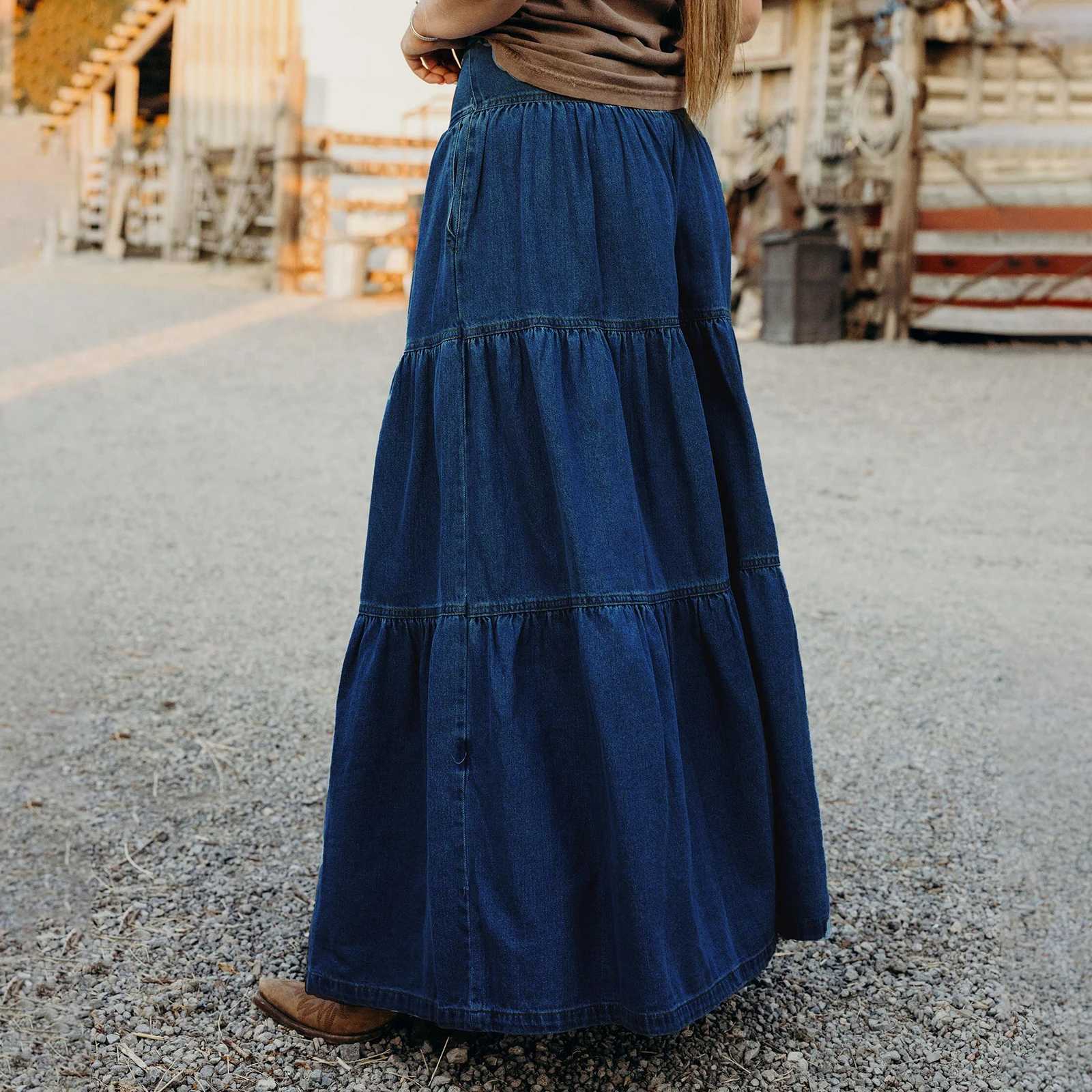 New Womens Denim Long Skirt Stylish Solid High Waist A-Line Jean Skirt For Summer Spring Club Street Style S-XL M260314