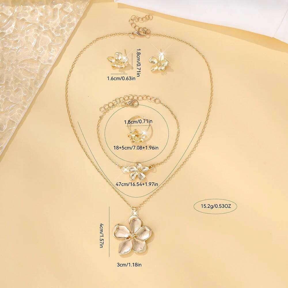 5pc/Set Trendy Metal 5-Petal Flower 3D Texture Pendant Earrings Ring Set, Sweet & Elegant Floral Flat Chain, Delicate Niche Desi Z260313