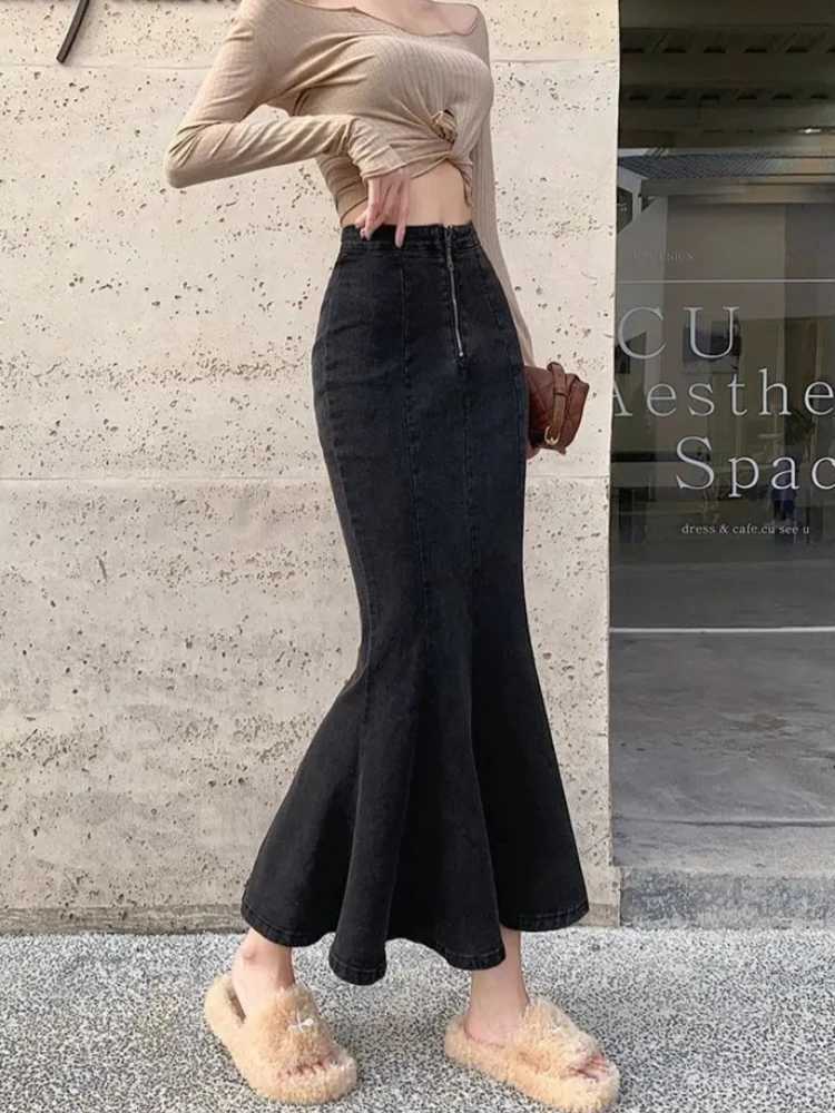 2026 Solid Slimming High Waist Midi A- Line Skirt Woman Trumpet Sides for Women Denim Half-length Skirt with Flounce M260314
