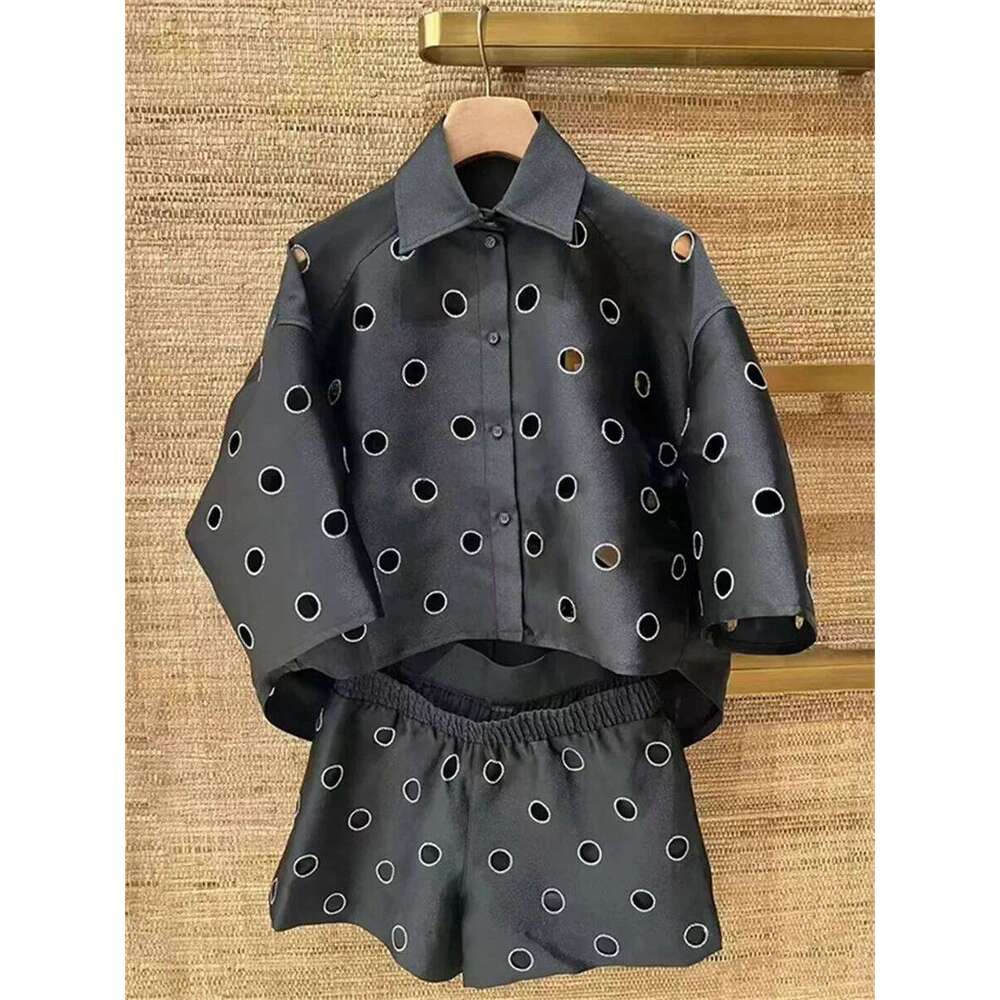 Water Diamond Ring Hollow Out Women Single Breasted Short Shirt +Elastic Waist Casual Shorts Early Autumn 2025 Black Set Mdng260314