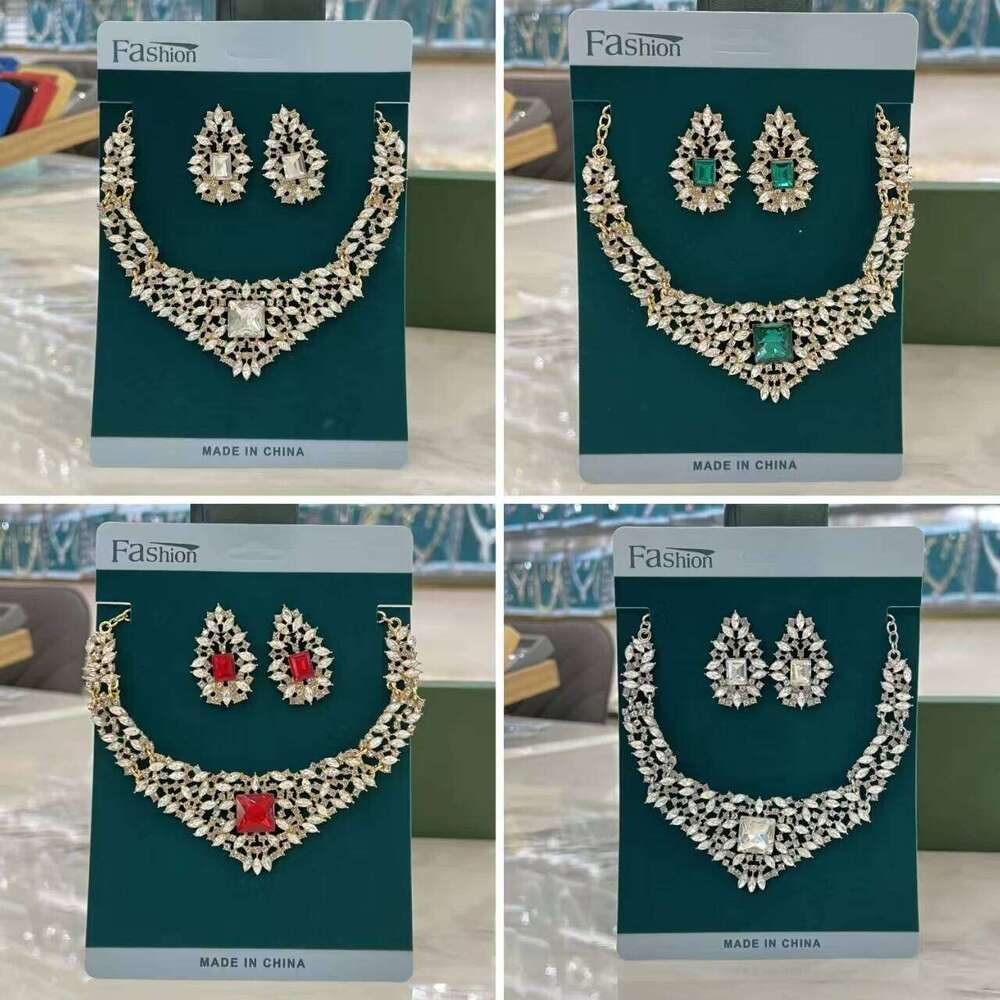European American retro inlaid crystal necklace earring women's 2-piece set, luxurious jewelry with leaves and flowers Z260313