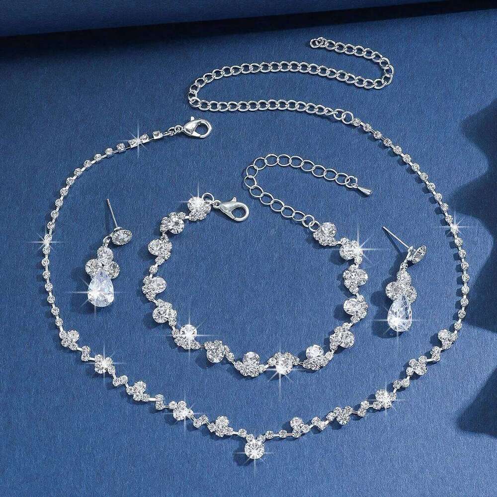 Trending Sparkle Crystal Jewelry Set 3pcs Necklace Bracelet Earrings Choker for Women Party Wedding Daily Wear Z260313