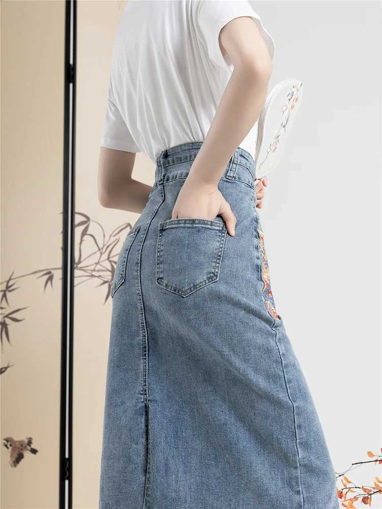 New 2024 Spring Summer Denim Skirt For Women High Waist Embroidery Back Slit Blue Jean Skirts Chinese Style A Line Skirt Women M260314