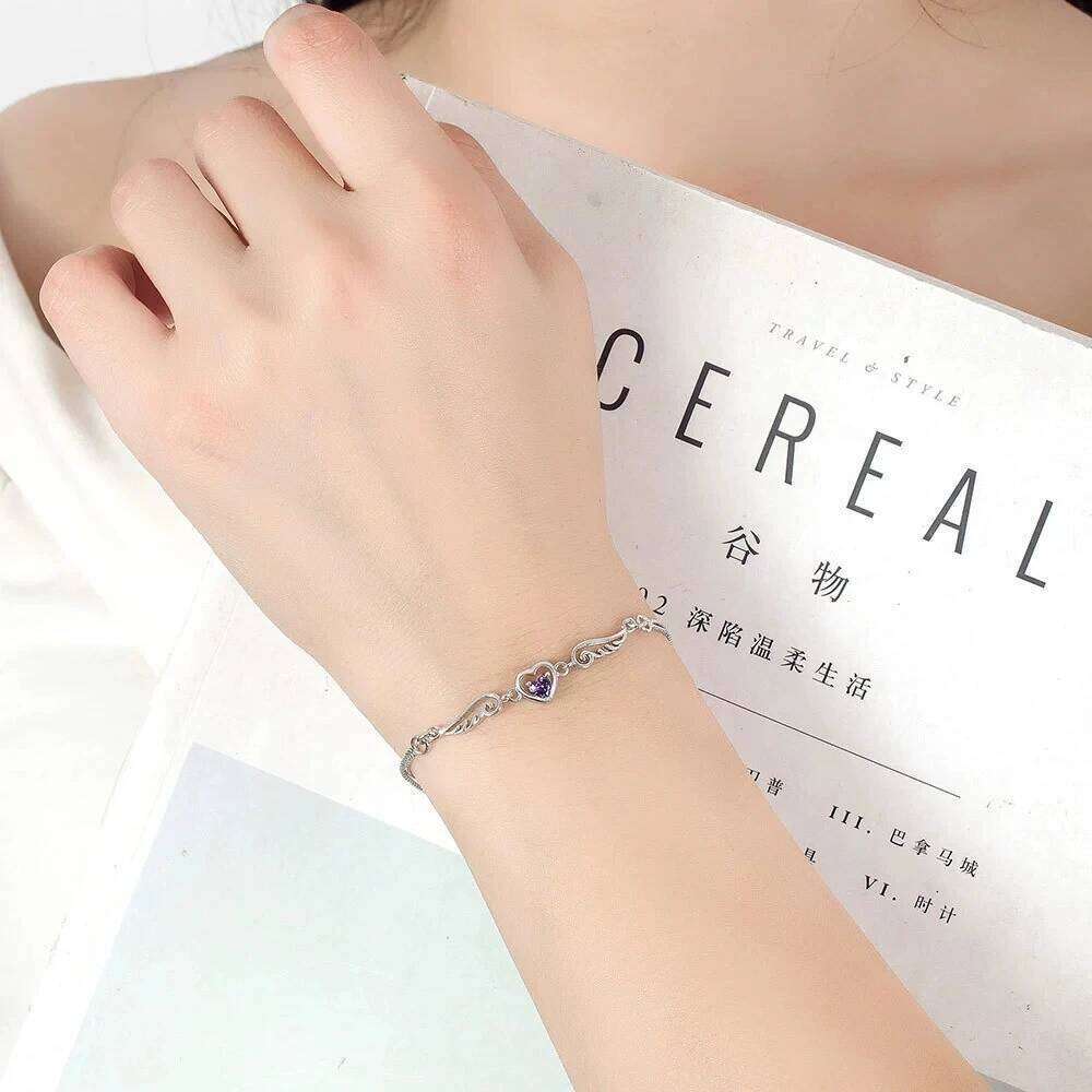 Purple Crystal Love Heart Stone Angel Wings Bracelets For Women Silver Color Chain Bracelet Wedding Jewelry Valentine's Day Gift Z260313