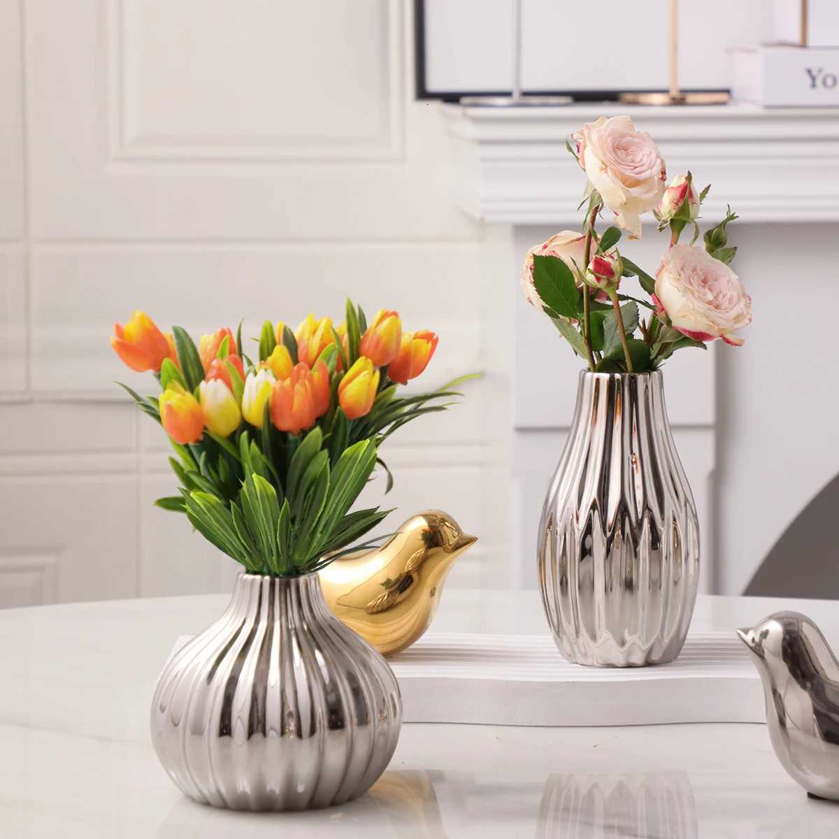 XIYA FLOWER Unique Geometric Vase Modern and Minimalist Style Ceramic Craftsmanship Gold Silver Festival Home Decor Y260314