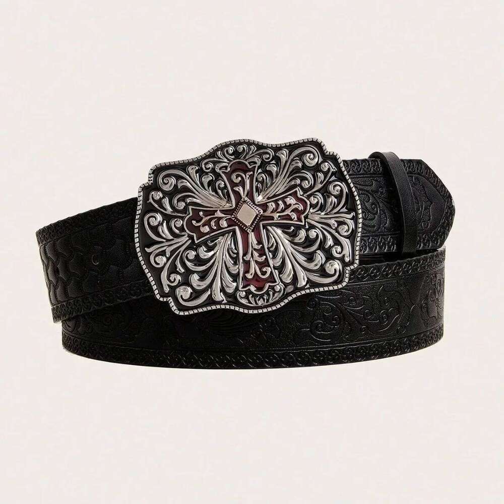1pc Men's Y2k Punk Petal Cross Buckle Casual Black Belt, A Versatile Decorative Belt Jeans, Suitable for Daily Travel Z260226
