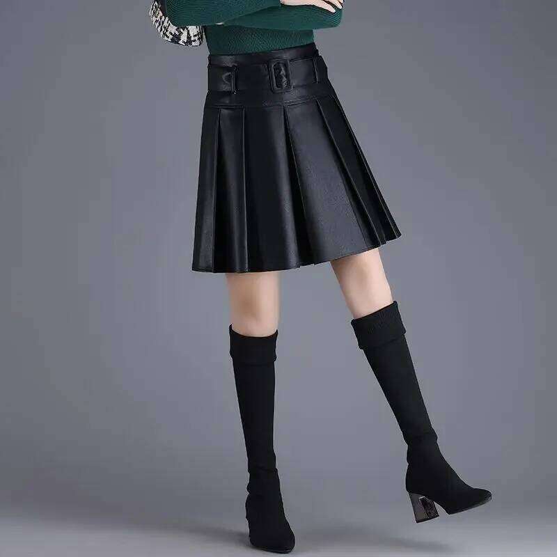 Pleated Leather Short Temperament High Waist Flesh-covering Autumn and Winter New Elegant Little Black Skirt Z260314