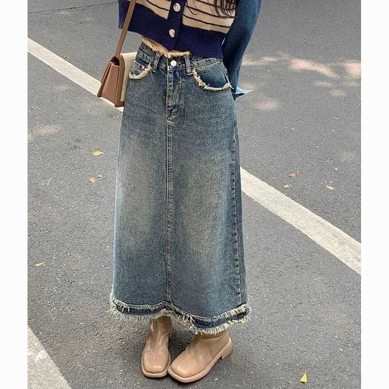 Summer Female Chic Raw Edge Thin Jeans Skirt Lady Retro Blue Mid-Long Dress Women Trendy Solid High Waist Denim Skirt M260314