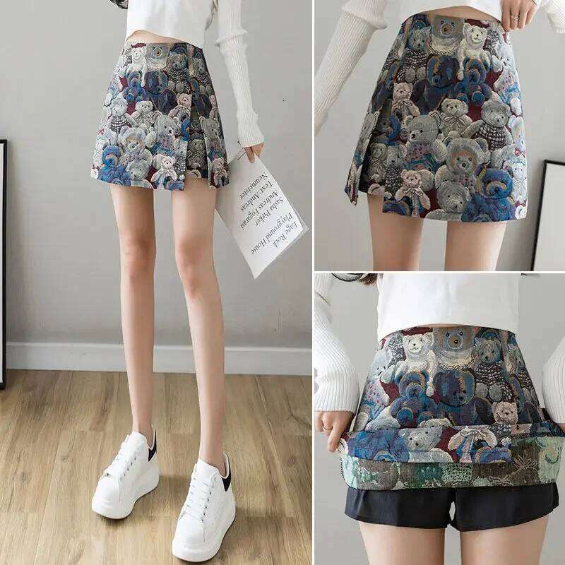 New Vintage Bear Print Skirt Women Fashion Japanese High Waist Slit Mini Skirts Female 2025 Summer Z260314