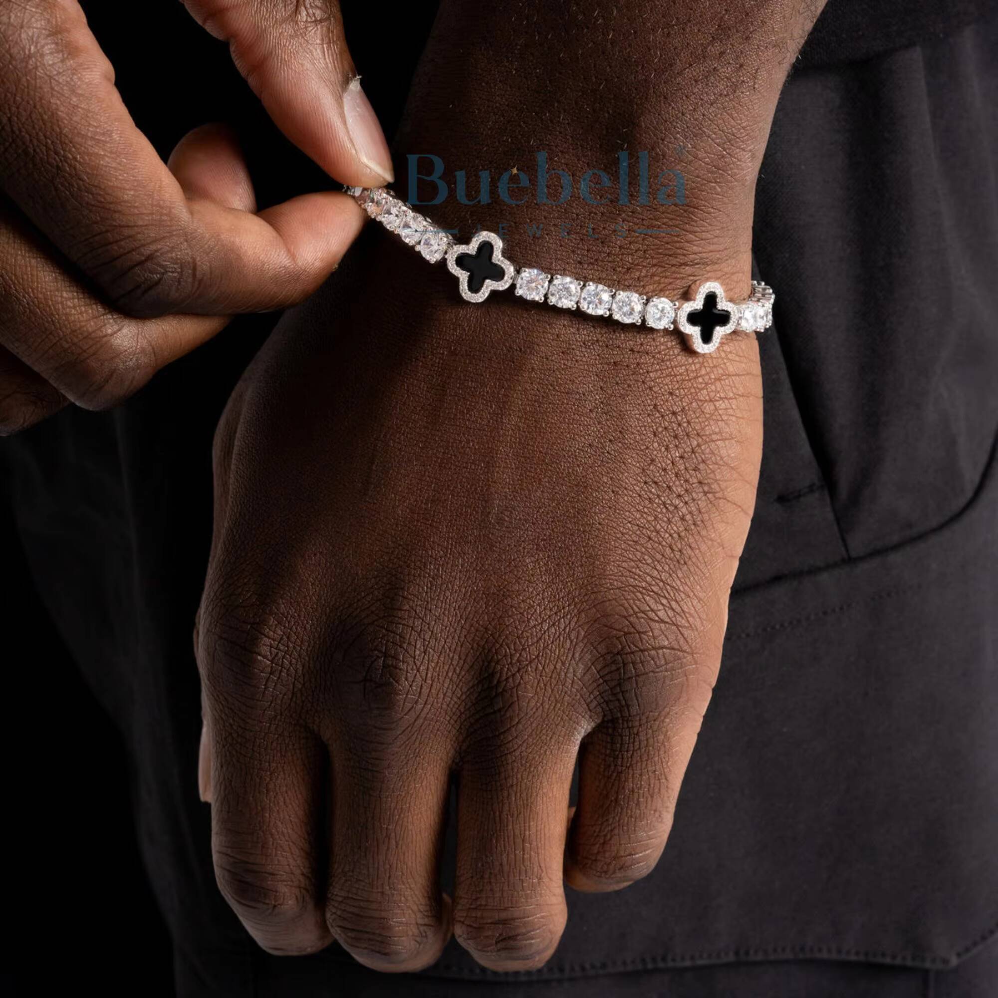 12mm 14K White Gold Plated 925 Silver Tennis Bracelet Fine Jewelry Black Clover Mens Moissanite Bracelets Bangles