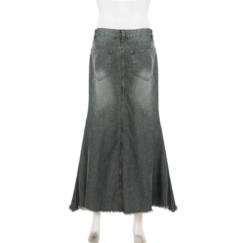 SUCHCUTE Y2k Patchwork Denim Long Skirt Women Retro Slim Ripped Mid-Waisted Mermaid Hem Skirts Fashion Tassel Irregular Skirt M260314
