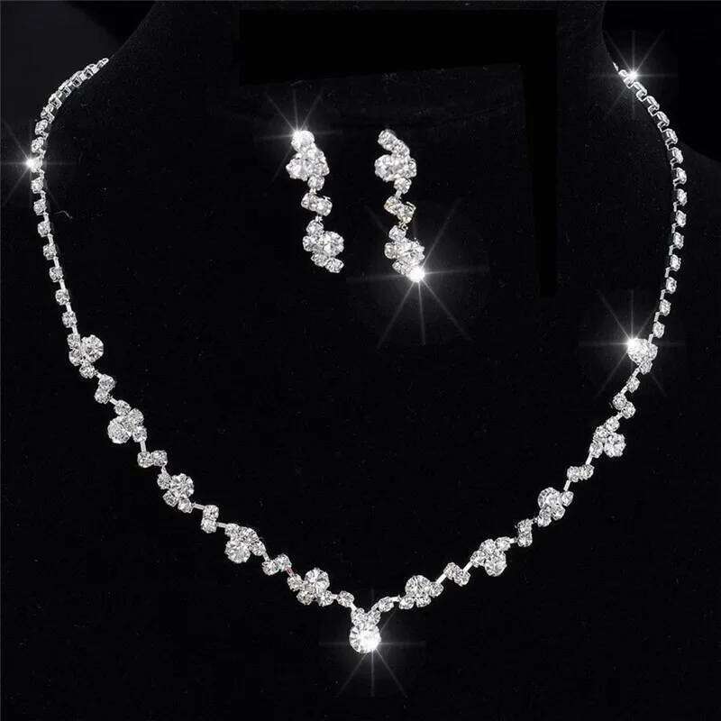 1Set Light Luxury Silver Bridesmaid Crystal Necklace Earrings Set Wedding Bridal Jewelry Jewellery Z260313