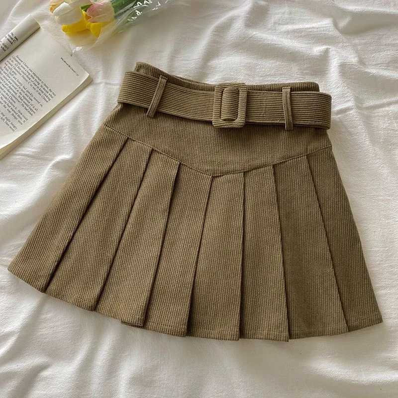 Cord Belted Pleated Skirt Texture Corduroy Box Pleat Mini Skirt wiTH Belt Women Teen Academy School Autumn Winter Outfit M260314