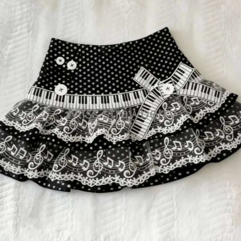 Gothic Aesthetic Hot Girl Slim Polka Dot Note Women Design Y2k Lace Bow A-line Cake Piano Skirts Vintage Embroidery Skirt Z260314