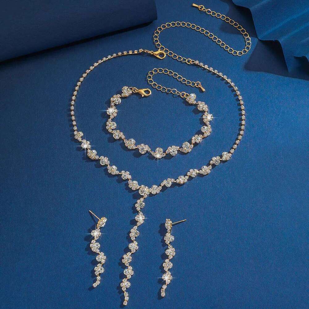 Glam Crystal Tassel Jewelry Set 4Pcs Gold-Plated Choker Necklace Earrings Bracelet for Women Party Wedding Evening Fashion Z260313