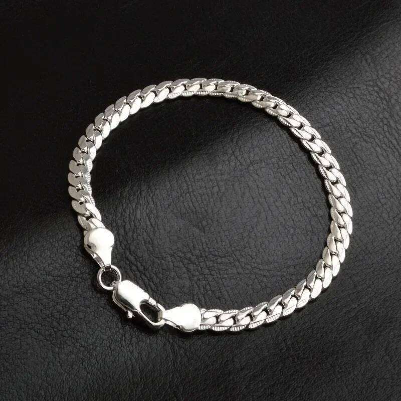 925 Sterling 6mm 18cm Flat Side Chain Lobster Clasp For Woman Man Wedding Engagement Jewelry Silver Bracelet Z260313