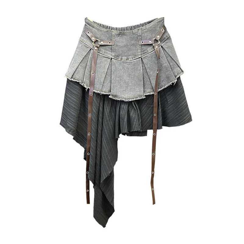 RETRO Spliced Denim Pleated Skirt for Women Summer New Temperament Hot Fashionable High Waist A-line Skirt M260314