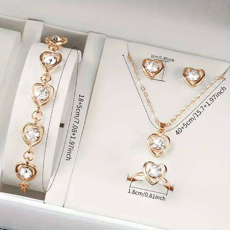 5 PCS/Set Fashionable Elegant Gold Rhinestone Heart Shaped Decorative Jewelry Earrings Necklaces Bracelets Ring Combinations Z260313