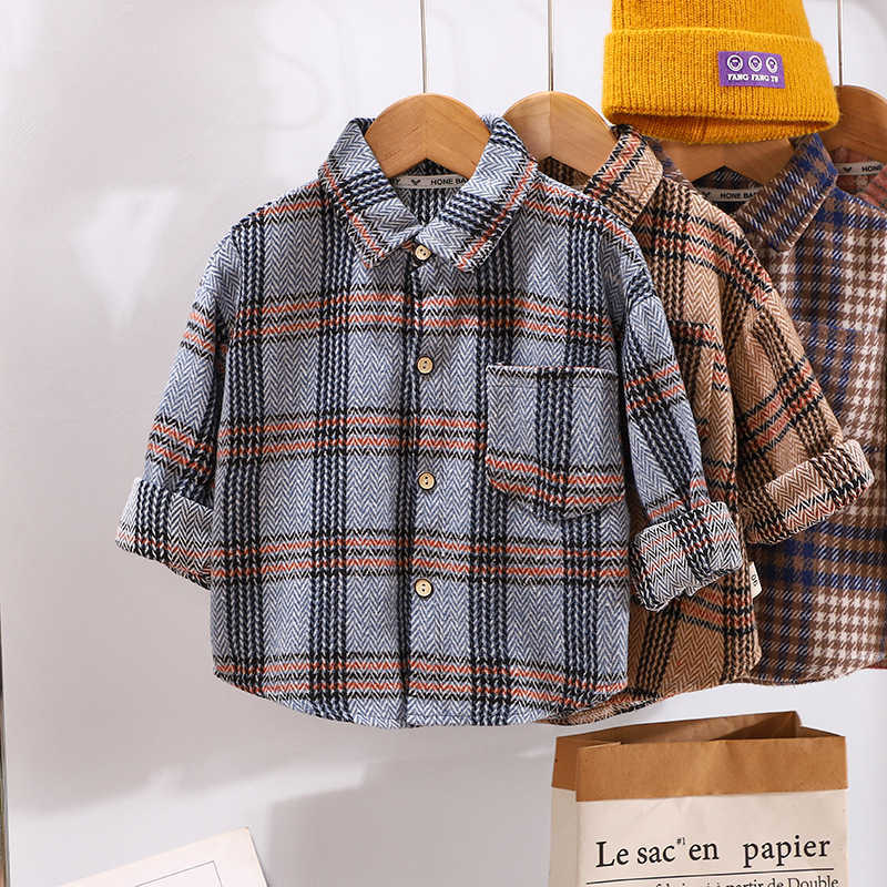 Cardigan Children's Spring and Autumn New Plaid Shirt for Young Boys and Girls Long Sleeve Top Jacket Brushed Wool Shirt