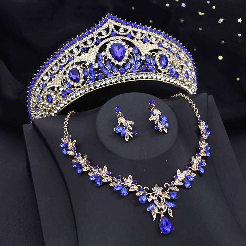 Luxury Bride Crown Sets for Women Red Tiaras and Necklace Earrings Party Prom Bridal Wedding Jewelry Set Accessory Z260313