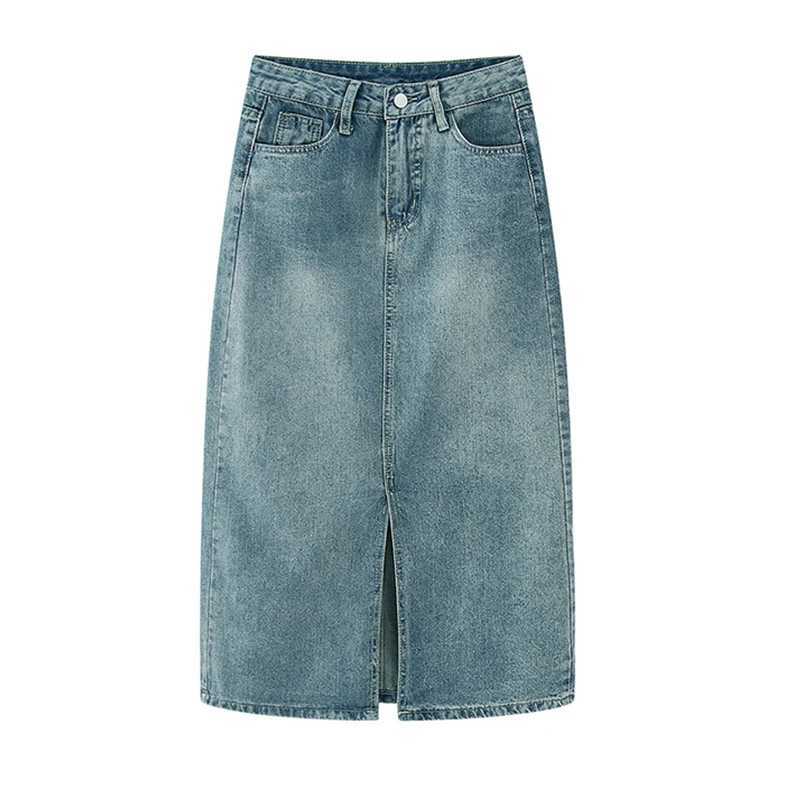 Summer New High-waist Slit Denim Skirt For Women Washed Retro A- line Skirt Hip-covering Straight Long Skirt M260314