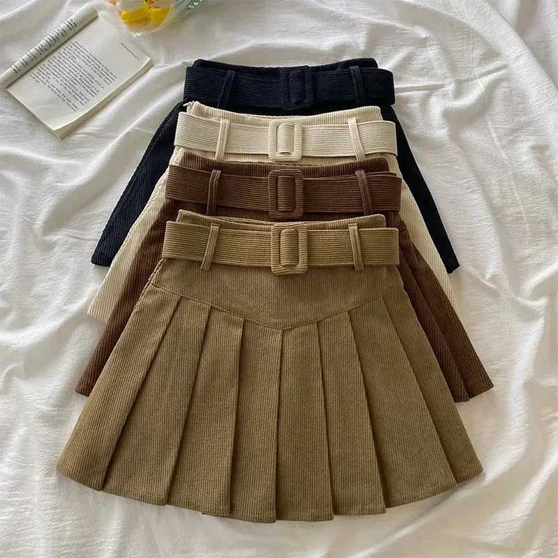 Cord Belted Pleated Skirt Texture Corduroy Box Pleat Mini Skirt wiTH Belt Women Teen Academy School Autumn Winter Outfit M260314