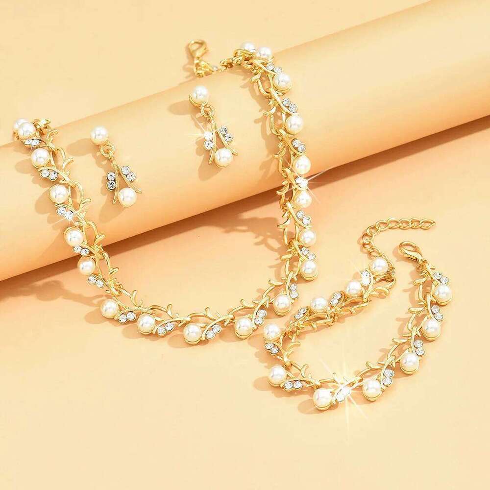 Vintage Gold Pearl & Zircon Jewelry Set - Necklace Bracelet + Earrings for Bridal Wedding Party Z260313