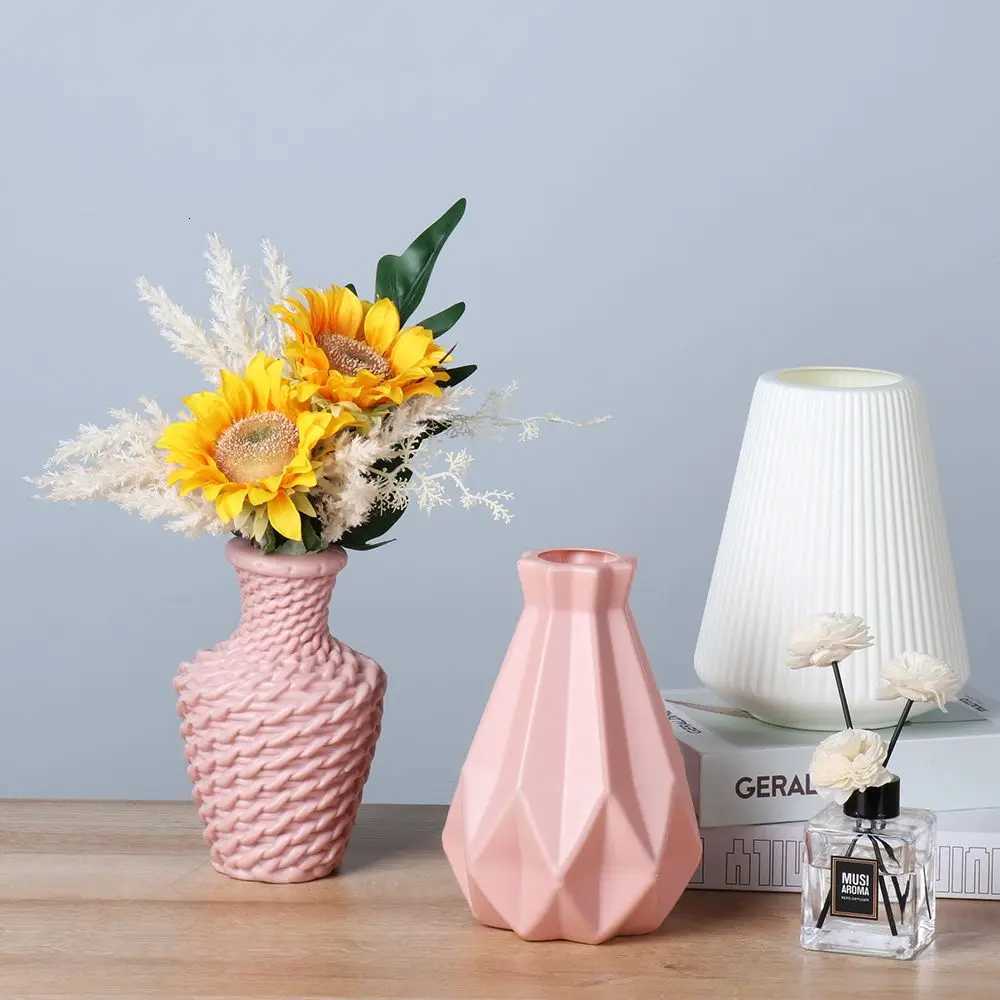 Modern Flower Vase Home Decoration Flower Arrangement Living Room Plastic Nordic Style Imitation Ceramic Flower Pot Y260314